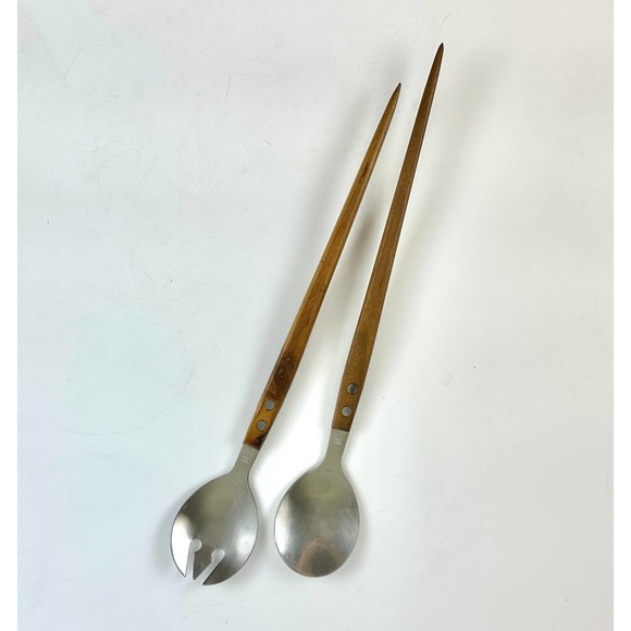 Mid Century Modern Teak Wood Handle Salad Servers Fork And Spoon Set Stainless - Picture 2 of 9